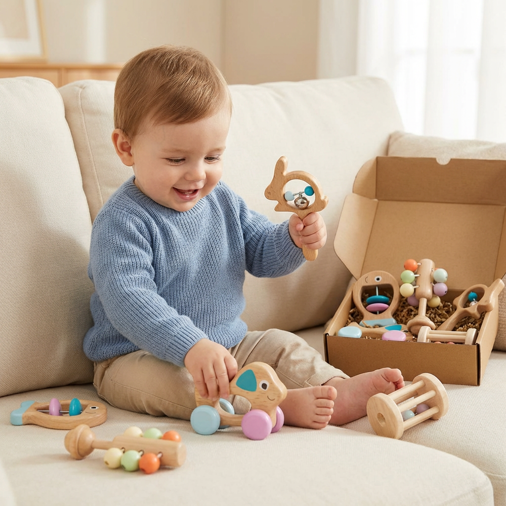 Wooden Baby Gift Set with Rattle and Musical Toys for Newborns