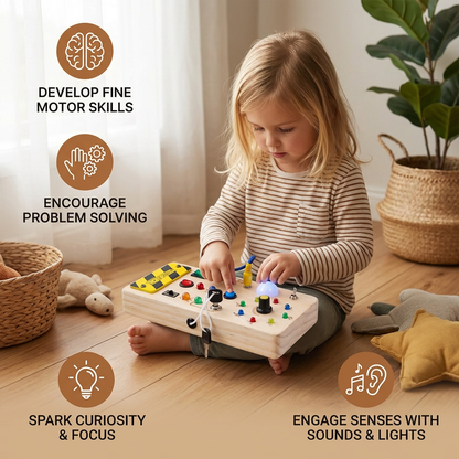 Montessori Wooden Sensory Board with Real Switches, Buttons, and Light Effects for Kids