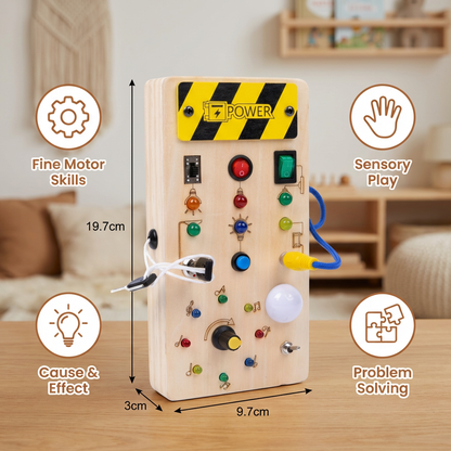 Montessori Wooden Sensory Board with Real Switches, Buttons, and Light Effects for Kids