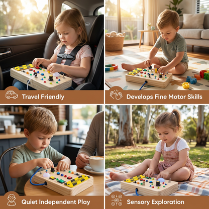 Montessori Wooden Sensory Board with Real Switches, Buttons, and Light Effects for Kids