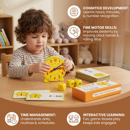 Clock Matching Game with Turning Hands, Time Cards and Dice for Preschool, Kindergarten and Home