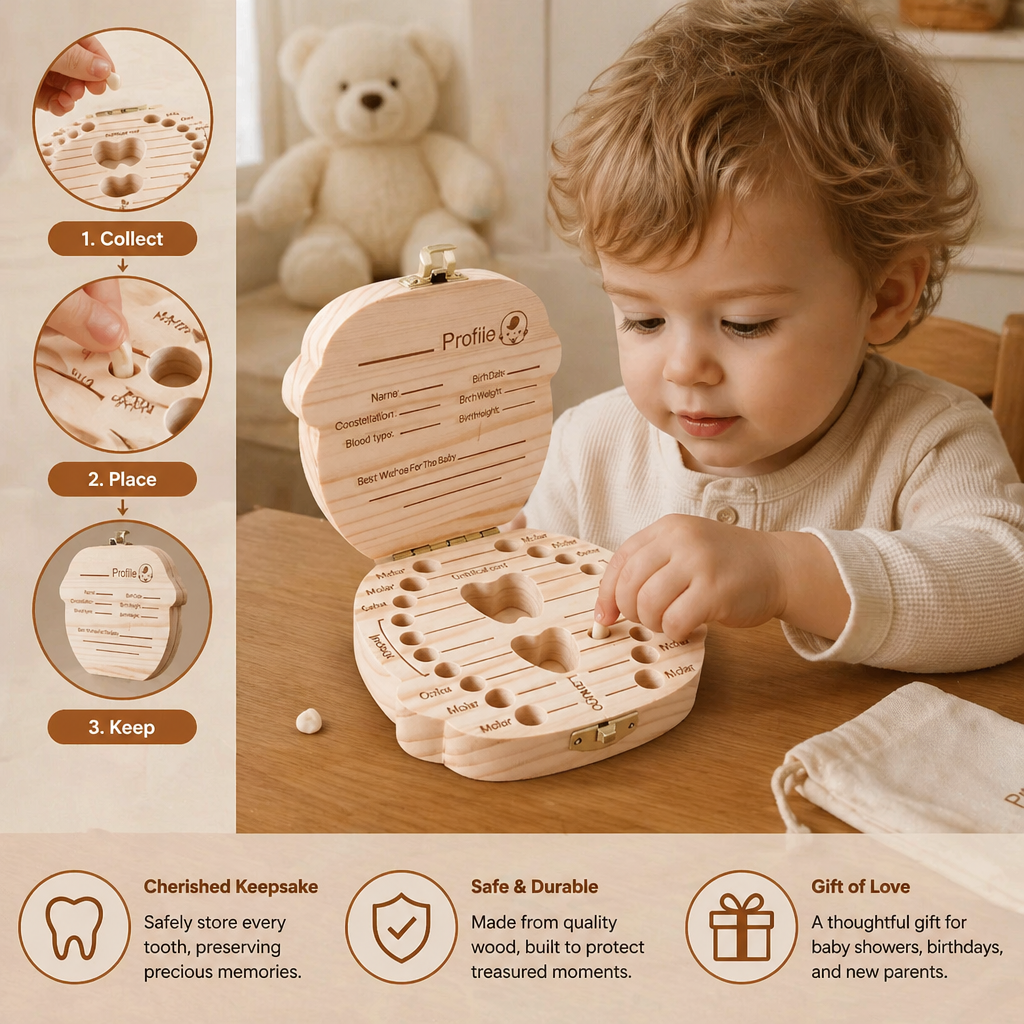 Baby Tooth Storage Box with Labeled Compartments and Writable Surface