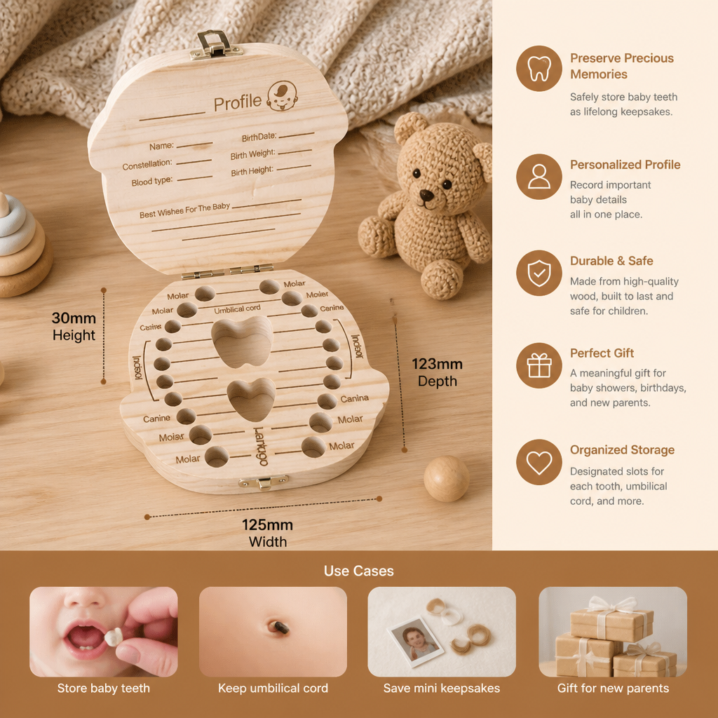 Baby Tooth Storage Box with Labeled Compartments and Writable Surface
