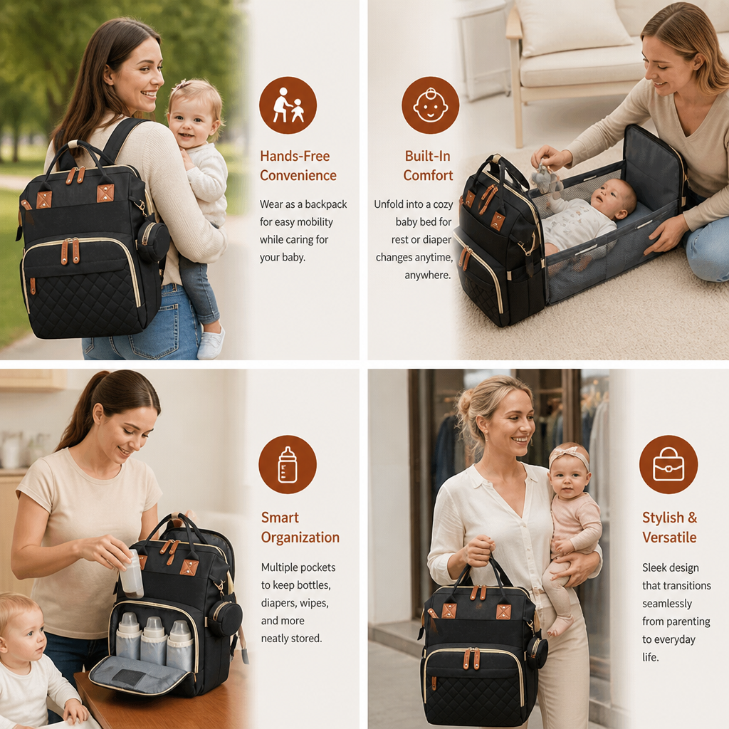 Convertible Diaper Backpack with Fold Out Baby Bed and Built In Changing Area in 8 Colors