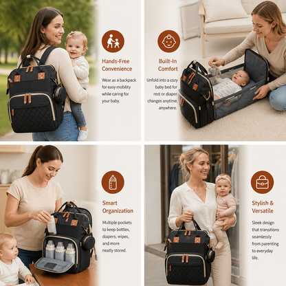 Convertible Diaper Backpack with Fold Out Baby Bed and Built In Changing Area in 8 Colors