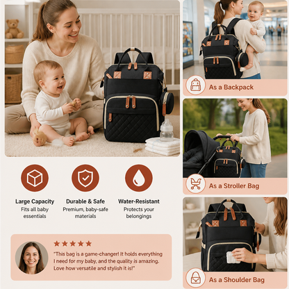 Convertible Diaper Backpack with Fold Out Baby Bed and Built In Changing Area in 8 Colors