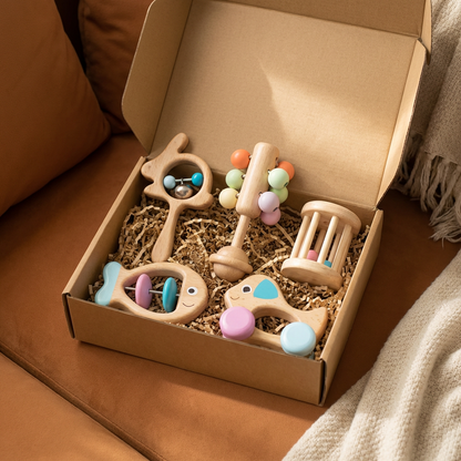 Wooden Baby Gift Set with Rattle and Musical Toys for Newborns