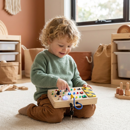 Montessori Wooden Sensory Board with Real Switches, Buttons, and Light Effects for Kids