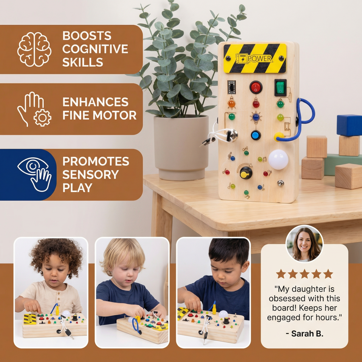 Montessori Wooden Sensory Board with Real Switches, Buttons, and Light Effects for Kids