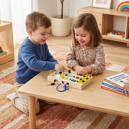 Montessori Wooden Sensory Board with Real Switches, Buttons, and Light Effects for Kids