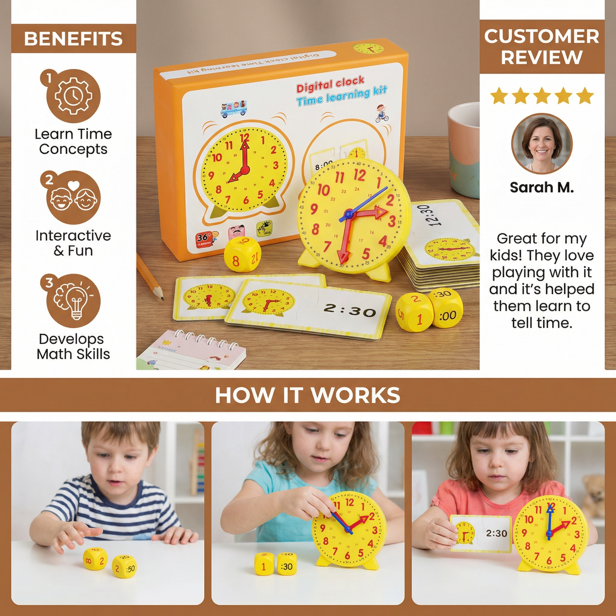 Clock Matching Game with Turning Hands, Time Cards and Dice for Preschool, Kindergarten and Home