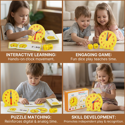 Clock Matching Game with Turning Hands, Time Cards and Dice for Preschool, Kindergarten and Home