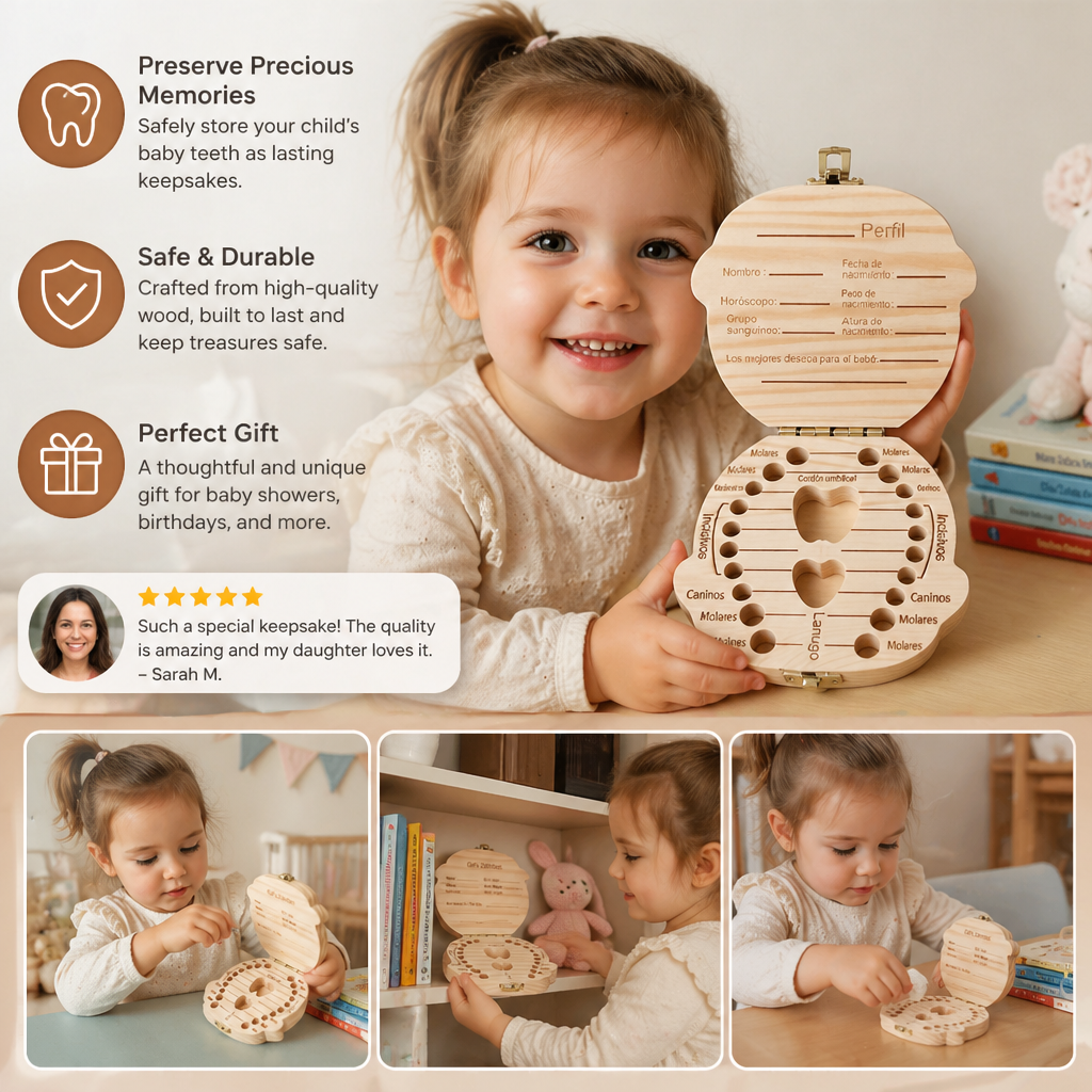 Baby Tooth Storage Box with Labeled Compartments and Writable Surface