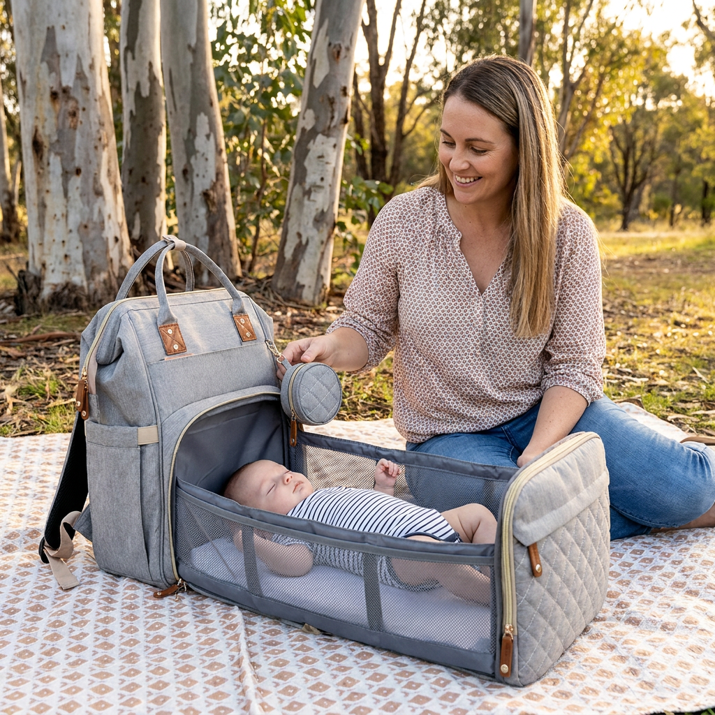 Convertible Diaper Backpack with Fold Out Baby Bed and Built In Changing Area in 8 Colors