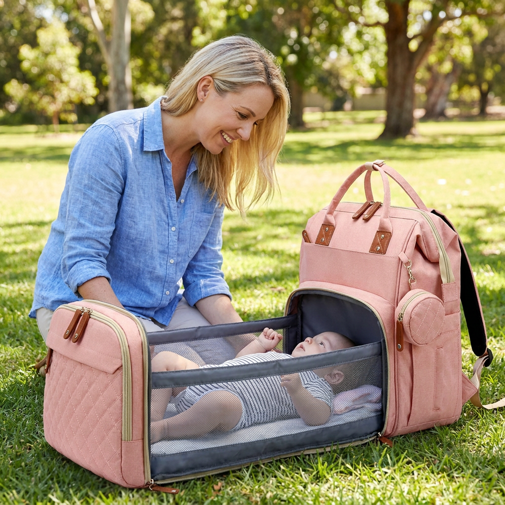 Convertible Diaper Backpack with Fold Out Baby Bed and Built In Changing Area in 8 Colors