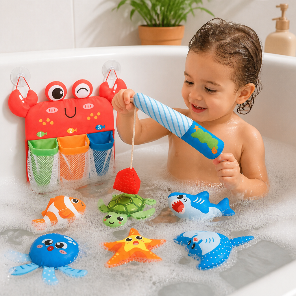Magnetic Fishing Rod Bath Toy with Floating Animals and Mesh Storage Net