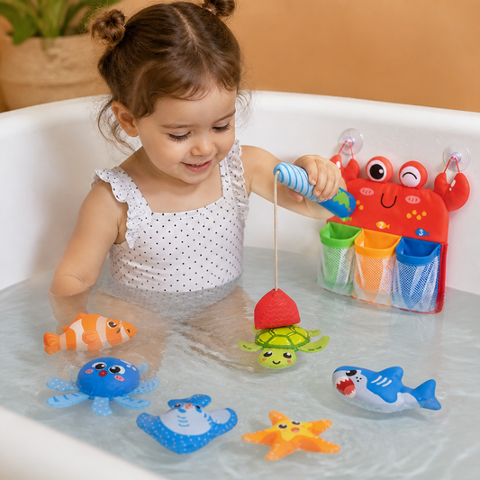 Magnetic Fishing Rod Bath Toy with Floating Animals and Mesh Storage Net