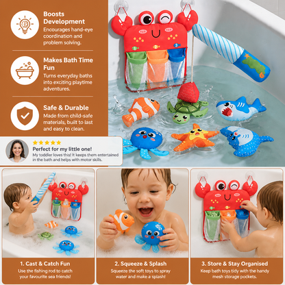 Magnetic Fishing Rod Bath Toy with Floating Animals and Mesh Storage Net