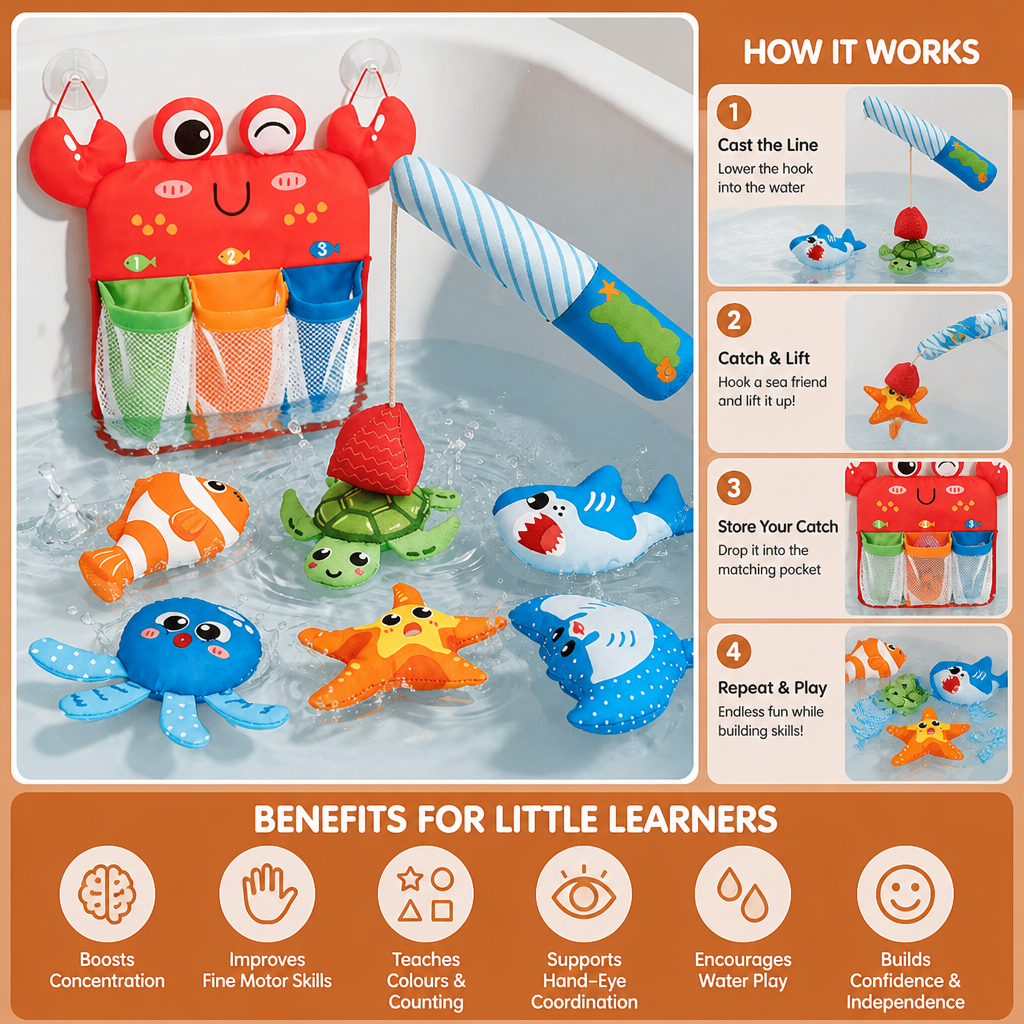 Magnetic Fishing Rod Bath Toy with Floating Animals and Mesh Storage Net