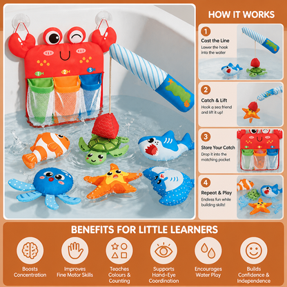 Magnetic Fishing Rod Bath Toy with Floating Animals and Mesh Storage Net