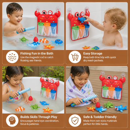 Magnetic Fishing Rod Bath Toy with Floating Animals and Mesh Storage Net
