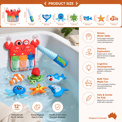 Magnetic Fishing Rod Bath Toy with Floating Animals and Mesh Storage Net