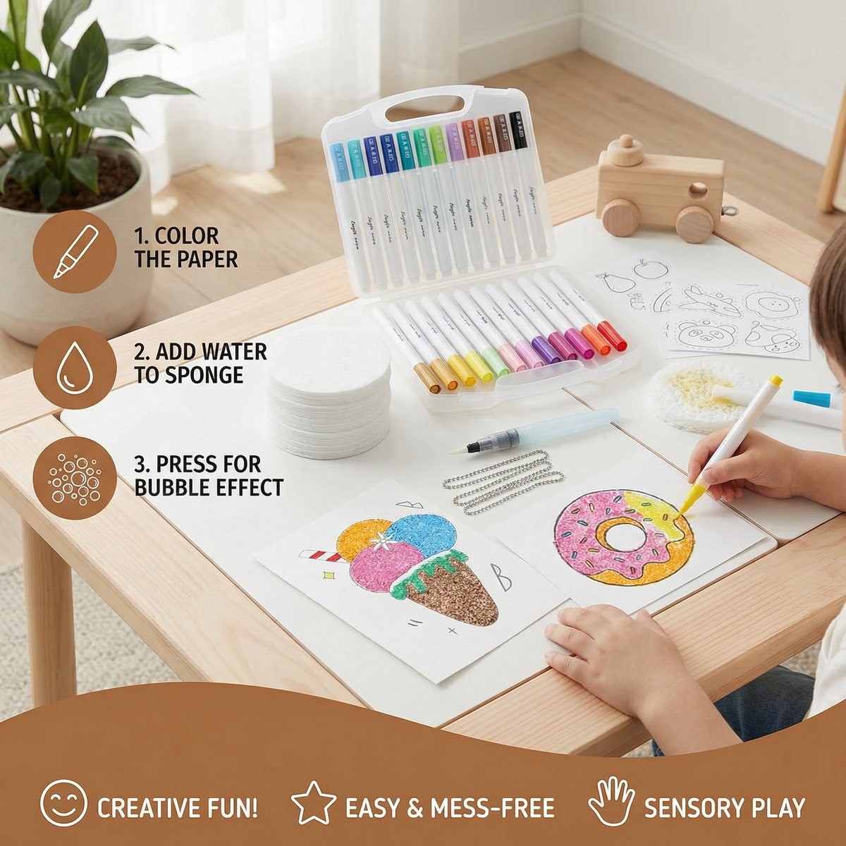 Kids Sponge Painting Art Set with Bubble Effect Sponges and Bright Colors for DIY Crafts