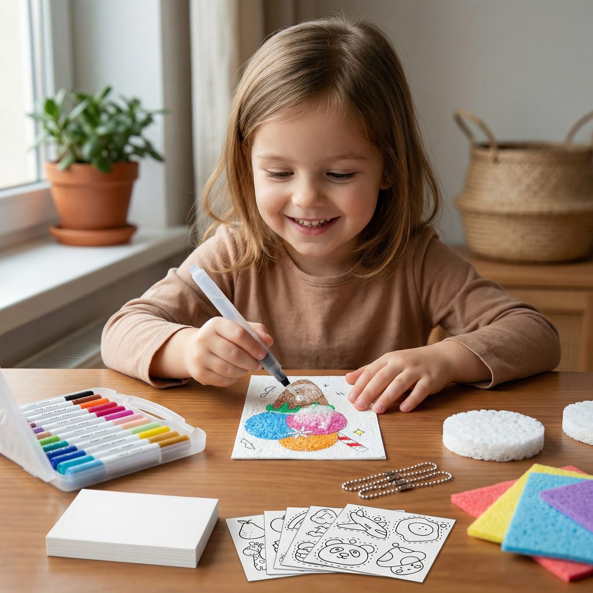 Kids Sponge Painting Art Set with Bubble Effect Sponges and Bright Colors for DIY Crafts