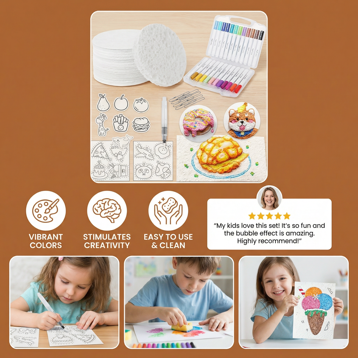 Kids Sponge Painting Art Set with Bubble Effect Sponges and Bright Colors for DIY Crafts