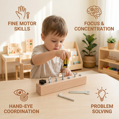 Wooden Screw and Nut Toy Set with Twist Together Pieces for Kids Fine Motor Play