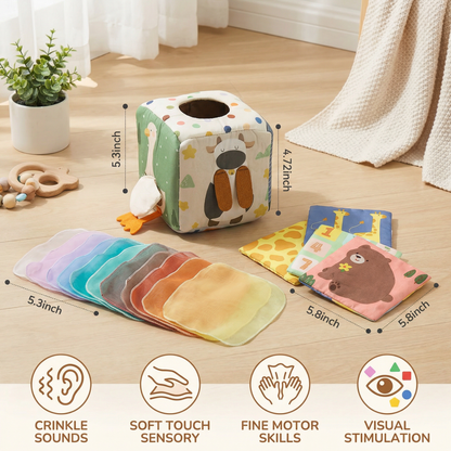 Sensory Tissue Box Toy with Soft Crinkle Fabric Pulls for Babies