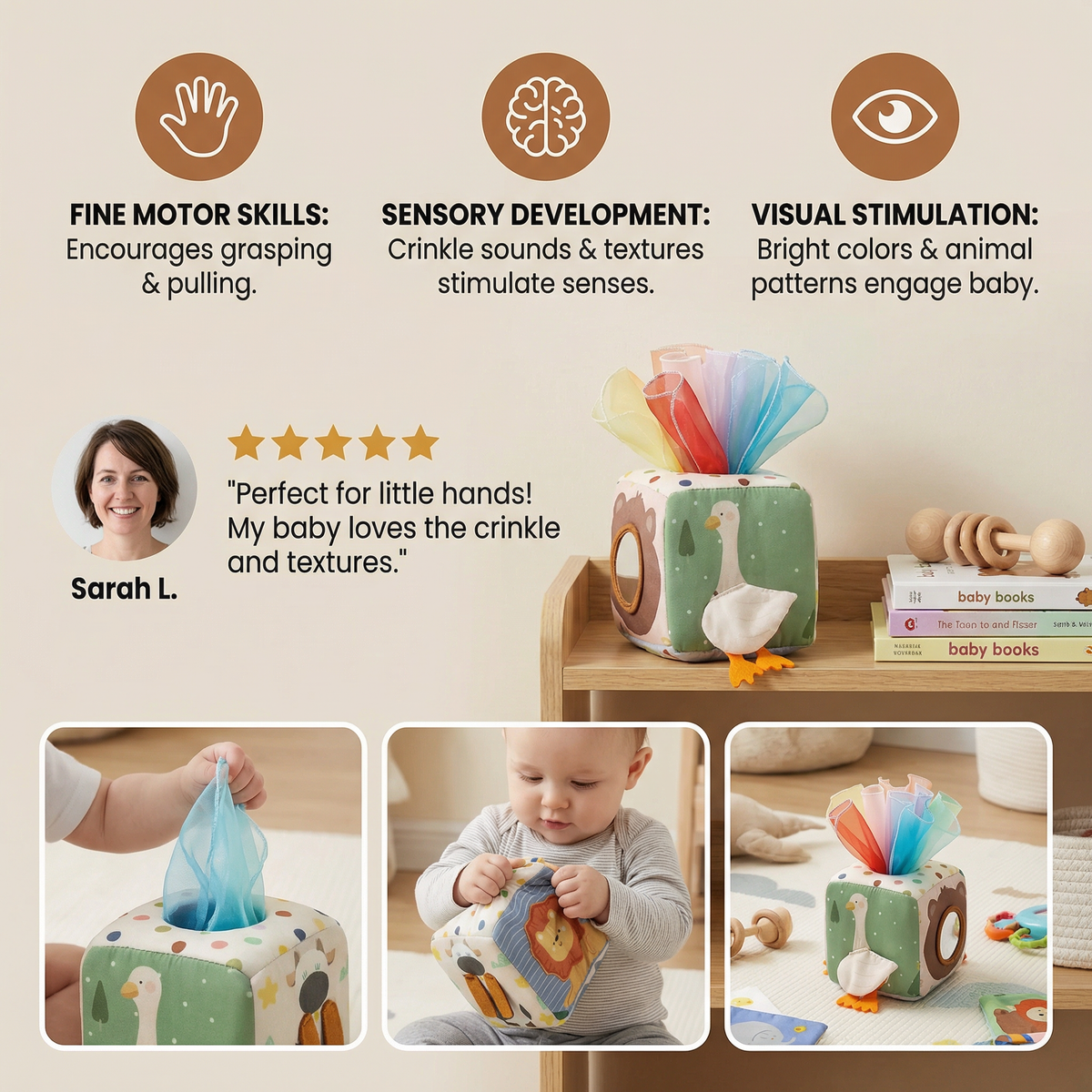 Sensory Tissue Box Toy with Soft Crinkle Fabric Pulls for Babies
