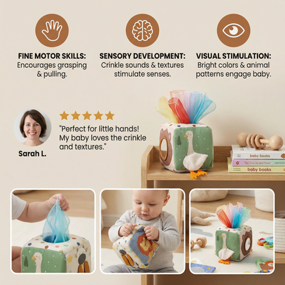 Sensory Tissue Box Toy with Soft Crinkle Fabric Pulls for Babies