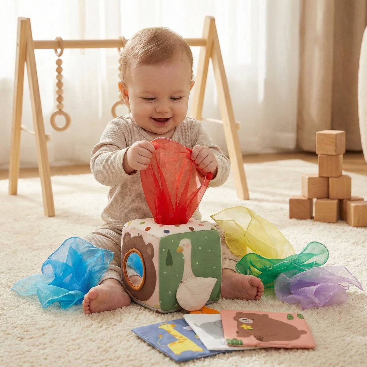 Sensory Tissue Box Toy with Soft Crinkle Fabric Pulls for Babies