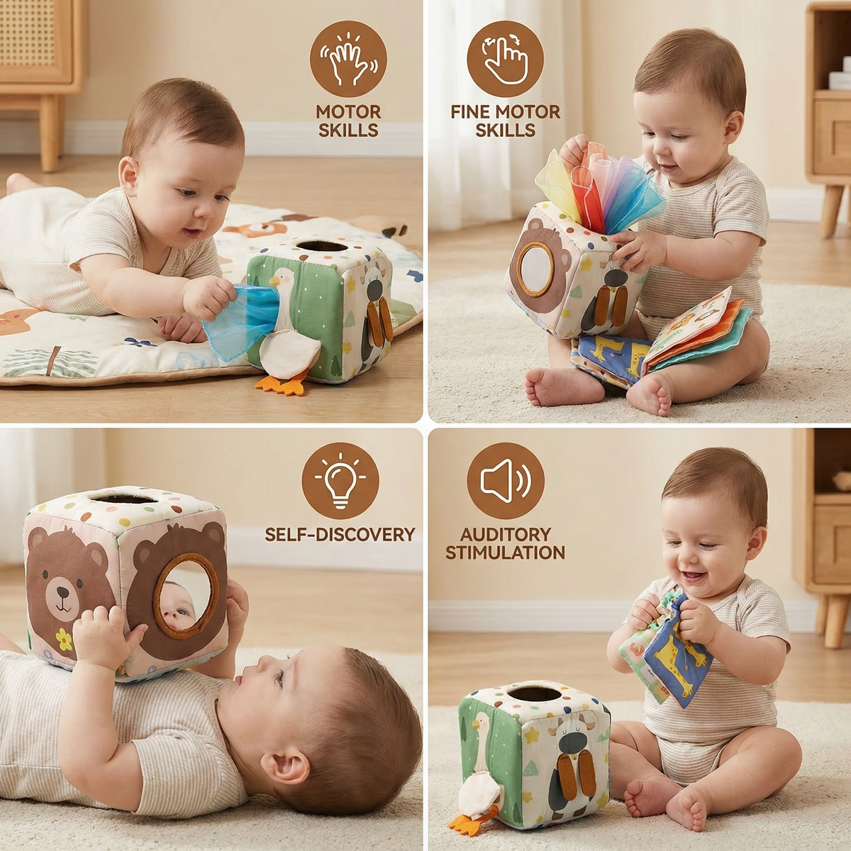 Sensory Tissue Box Toy with Soft Crinkle Fabric Pulls for Babies