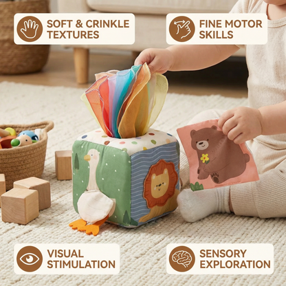 Sensory Tissue Box Toy with Soft Crinkle Fabric Pulls for Babies