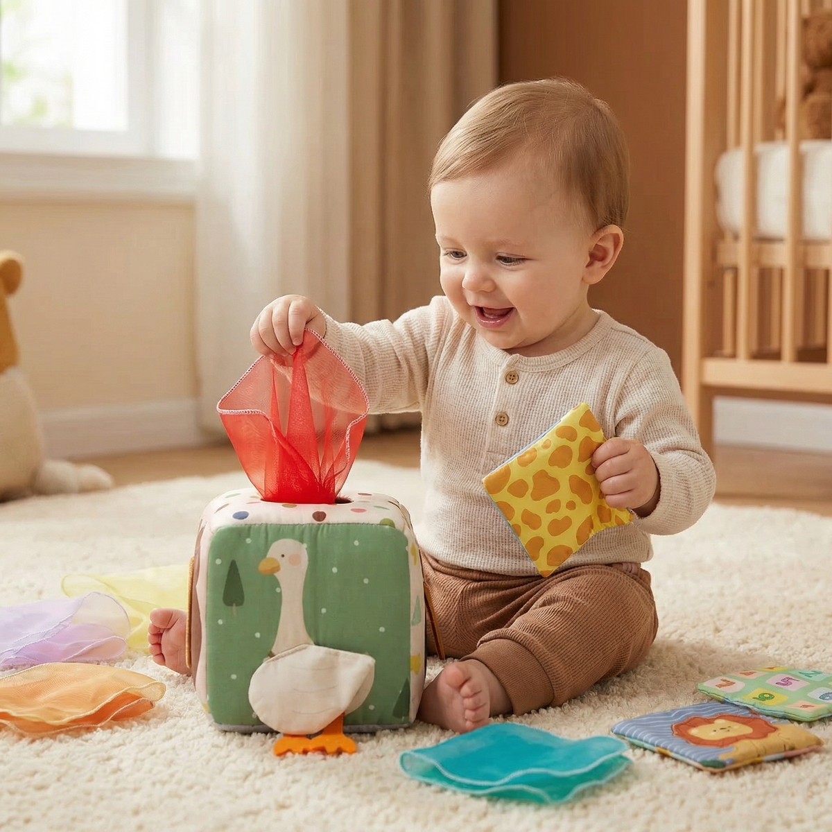Sensory Tissue Box Toy with Soft Crinkle Fabric Pulls for Babies