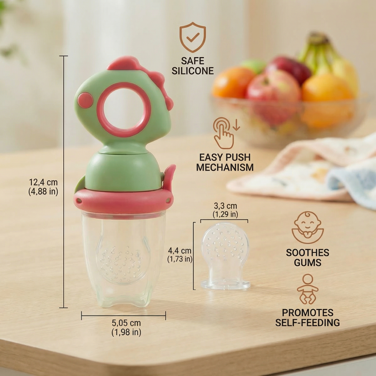 Push Plunger Baby Food Feeder in Soft Silicone with Easy Grip Handle