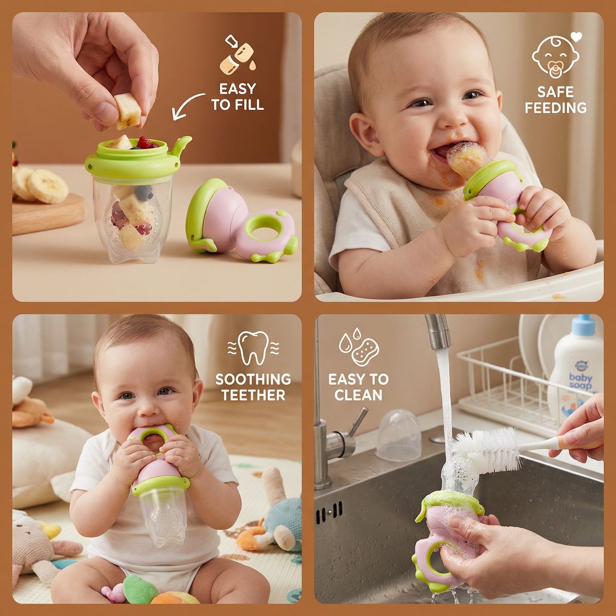 Push Plunger Baby Food Feeder in Soft Silicone with Easy Grip Handle