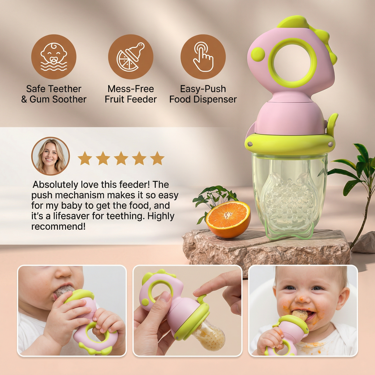 Push Plunger Baby Food Feeder in Soft Silicone with Easy Grip Handle