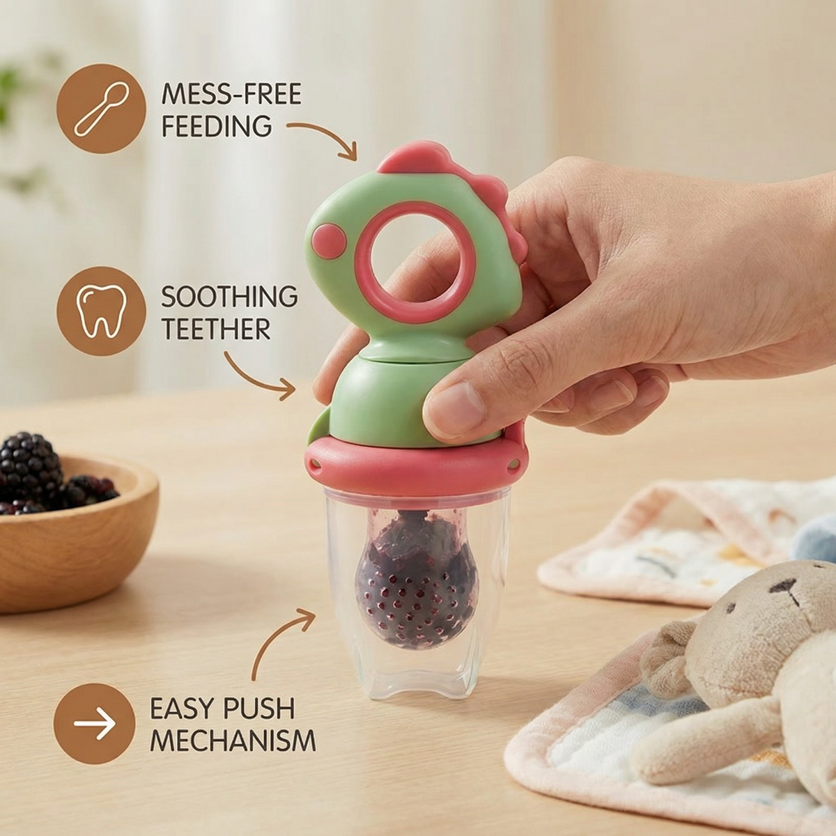 Push Plunger Baby Food Feeder in Soft Silicone with Easy Grip Handle