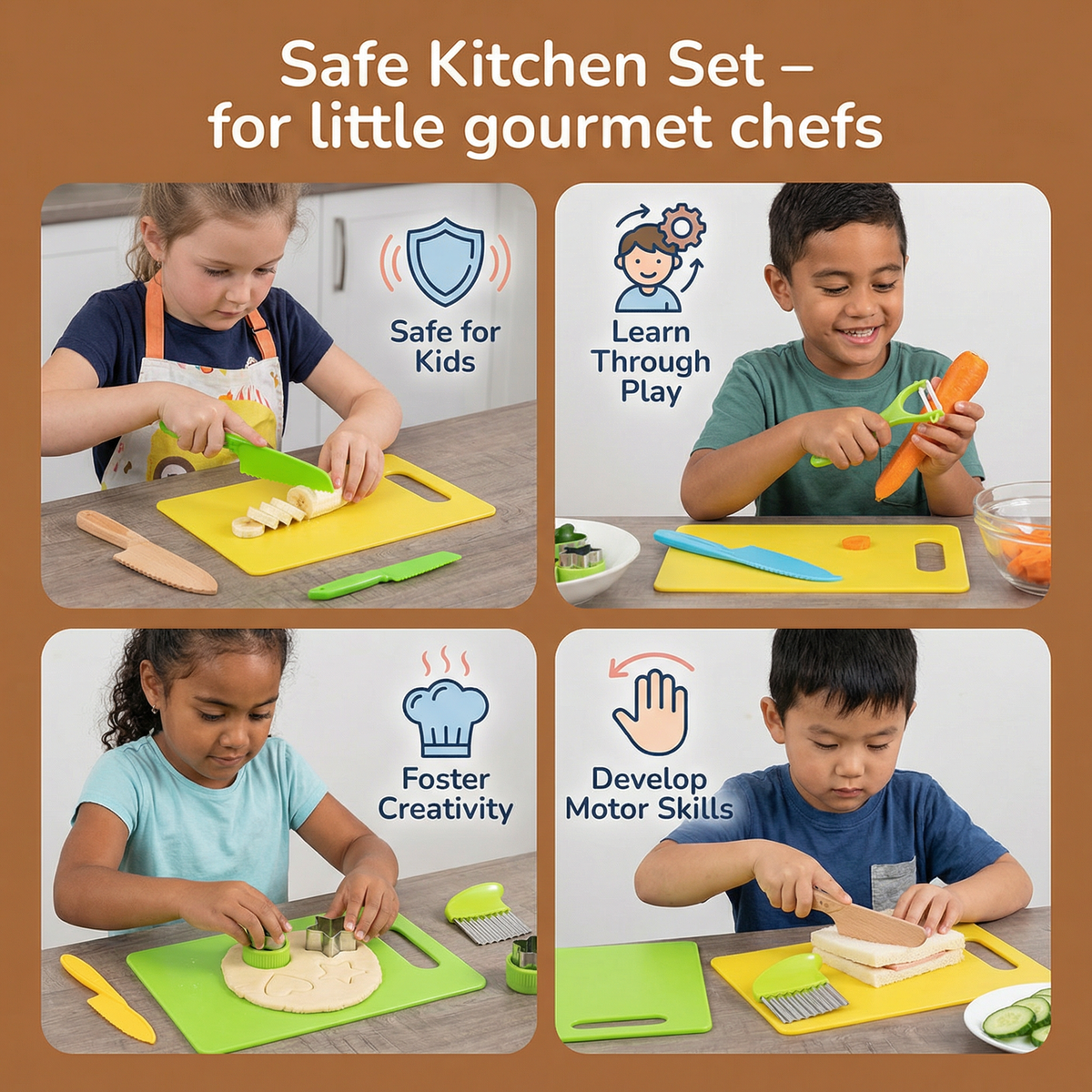 Kids Pretend Kitchen Tool Set in Seven Or Thirteen Piece Options for Play Cooking