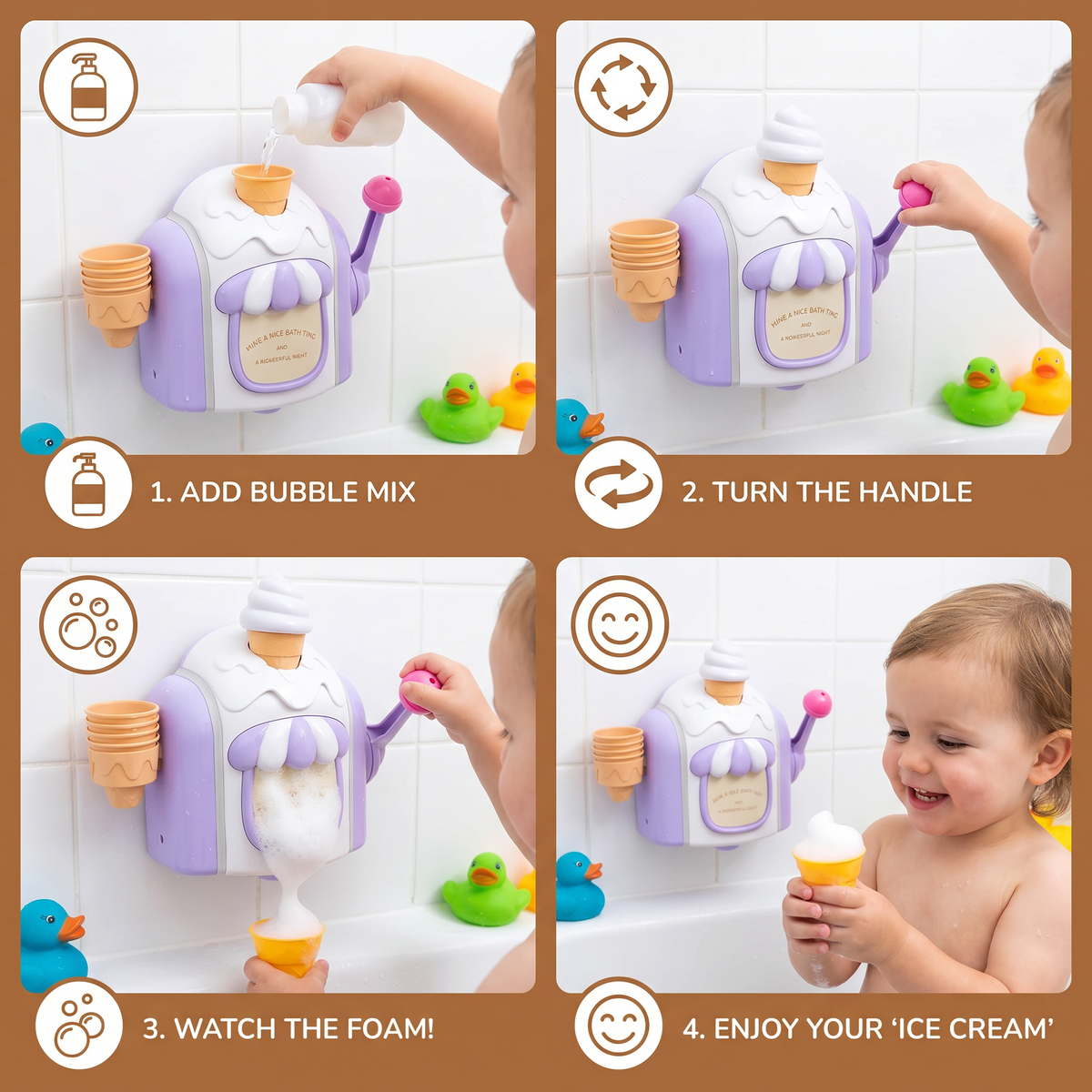 Ice Cream Machine Bath Toy That Blows Soap Bubbles Shaped Like Ice Cream in Four Colors