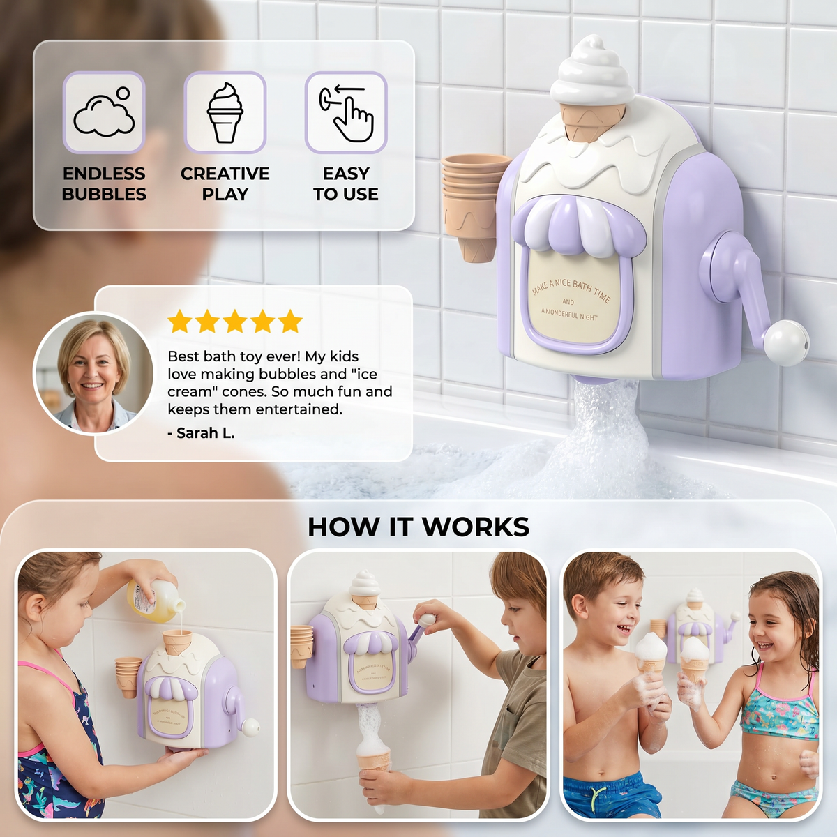 Ice Cream Machine Bath Toy That Blows Soap Bubbles Shaped Like Ice Cream in Four Colors