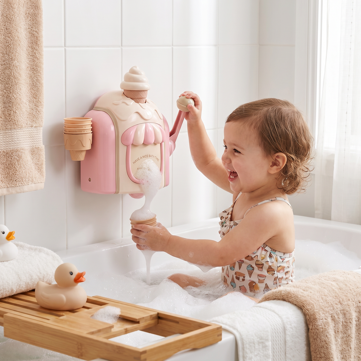 Ice Cream Machine Bath Toy That Blows Soap Bubbles Shaped Like Ice Cream in Four Colors