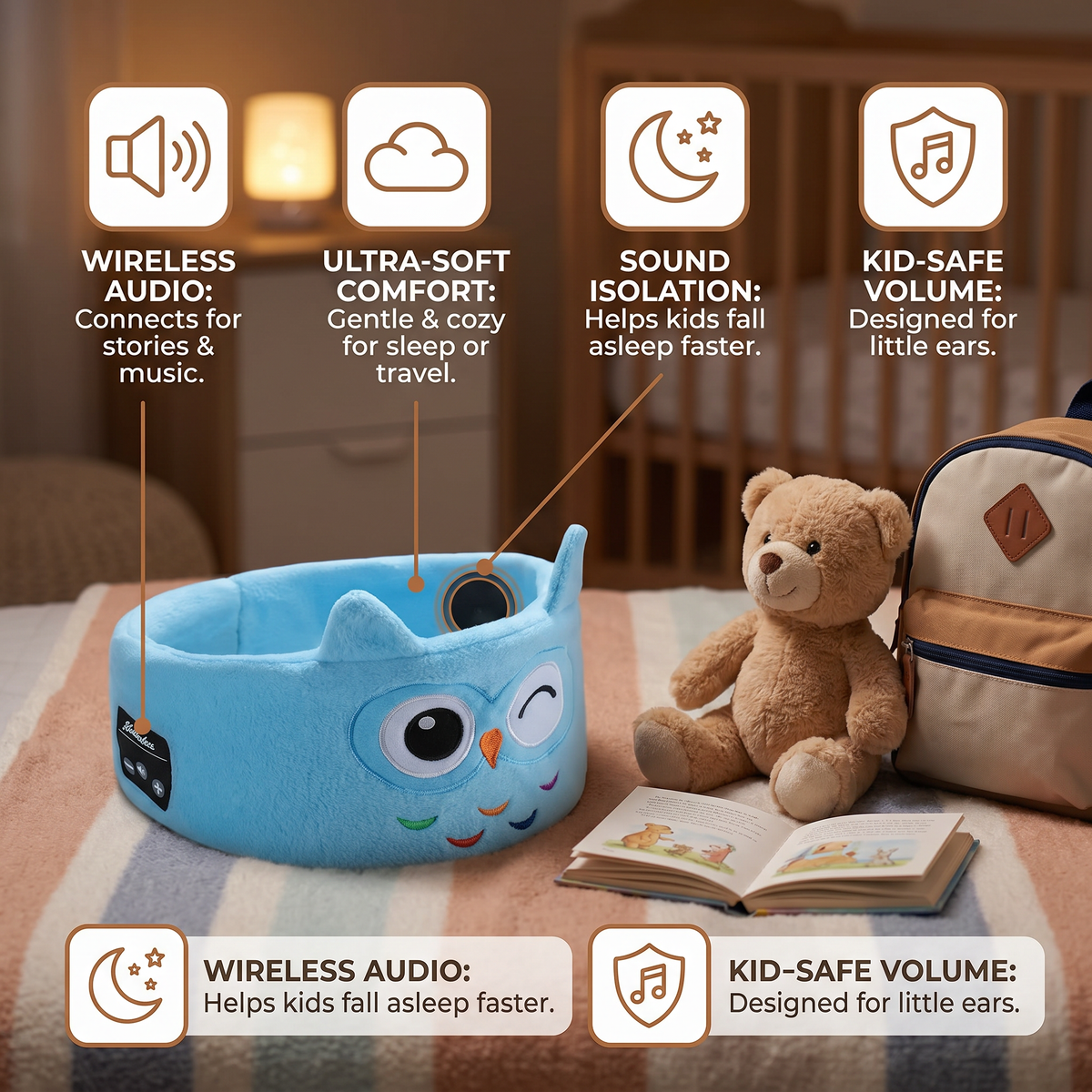 Soft Sleep Headband with Built in Wireless Speakers in Nine Animal Designs for Naps and Flights