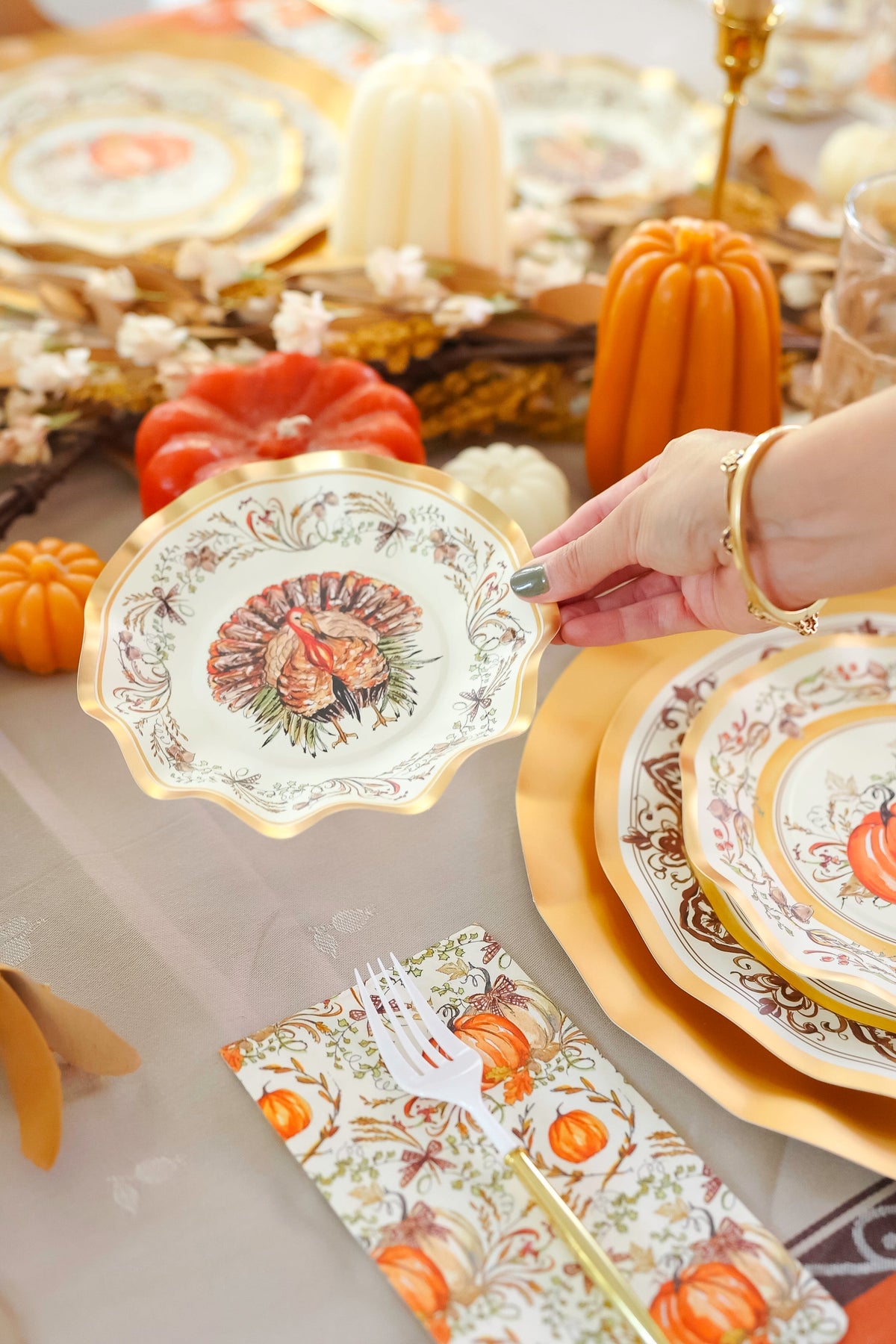 Disposable Paper Plates with Turkey and Pumpkin Design for Thanksgiving Dining