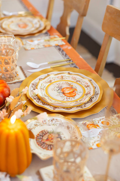 Disposable Paper Plates with Turkey and Pumpkin Design for Thanksgiving Dining