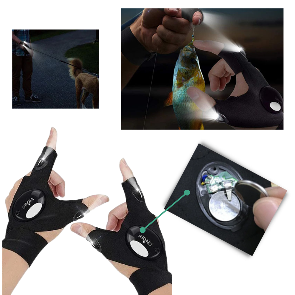 LED Work Gloves with Dual Finger Lights and Water Resistant Fabric