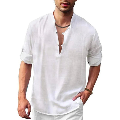 Linen Cotton Blend Shirt with Open Stitch Closure and Regular Fit